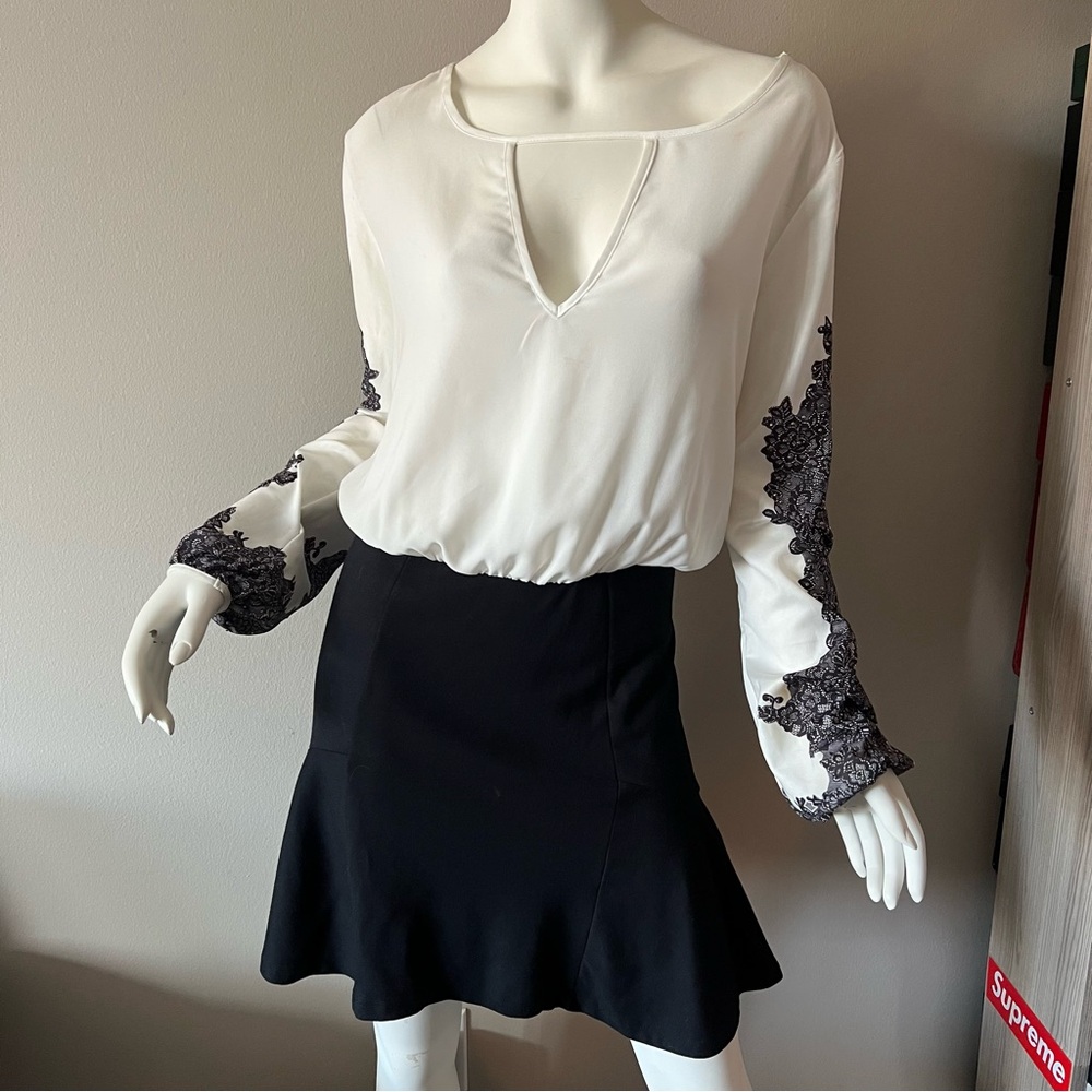 FORUM White and Black Dress with Black Lace Sleeves with Studs